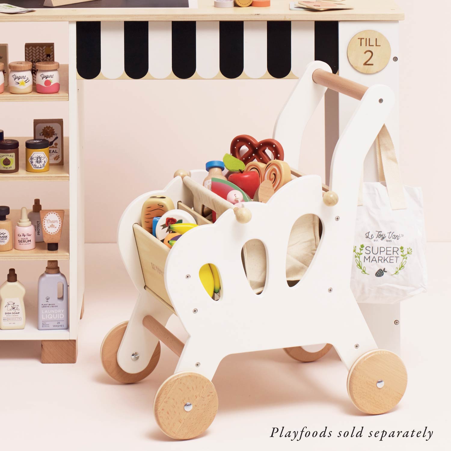 Wooden Shopping Trolley with Fabric Bag and Chalkboard