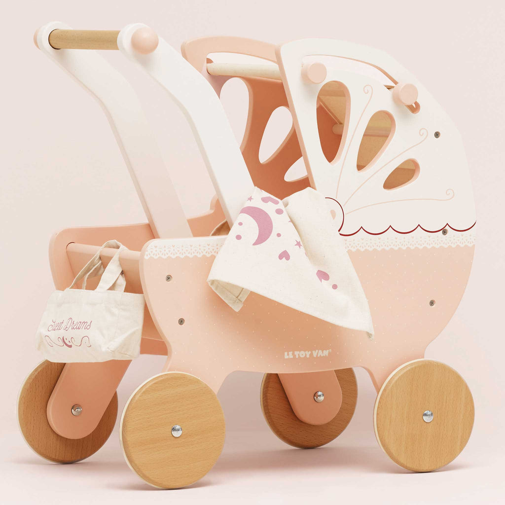 Retro Wooden Doll Pram with Hand-Sewn Canopy