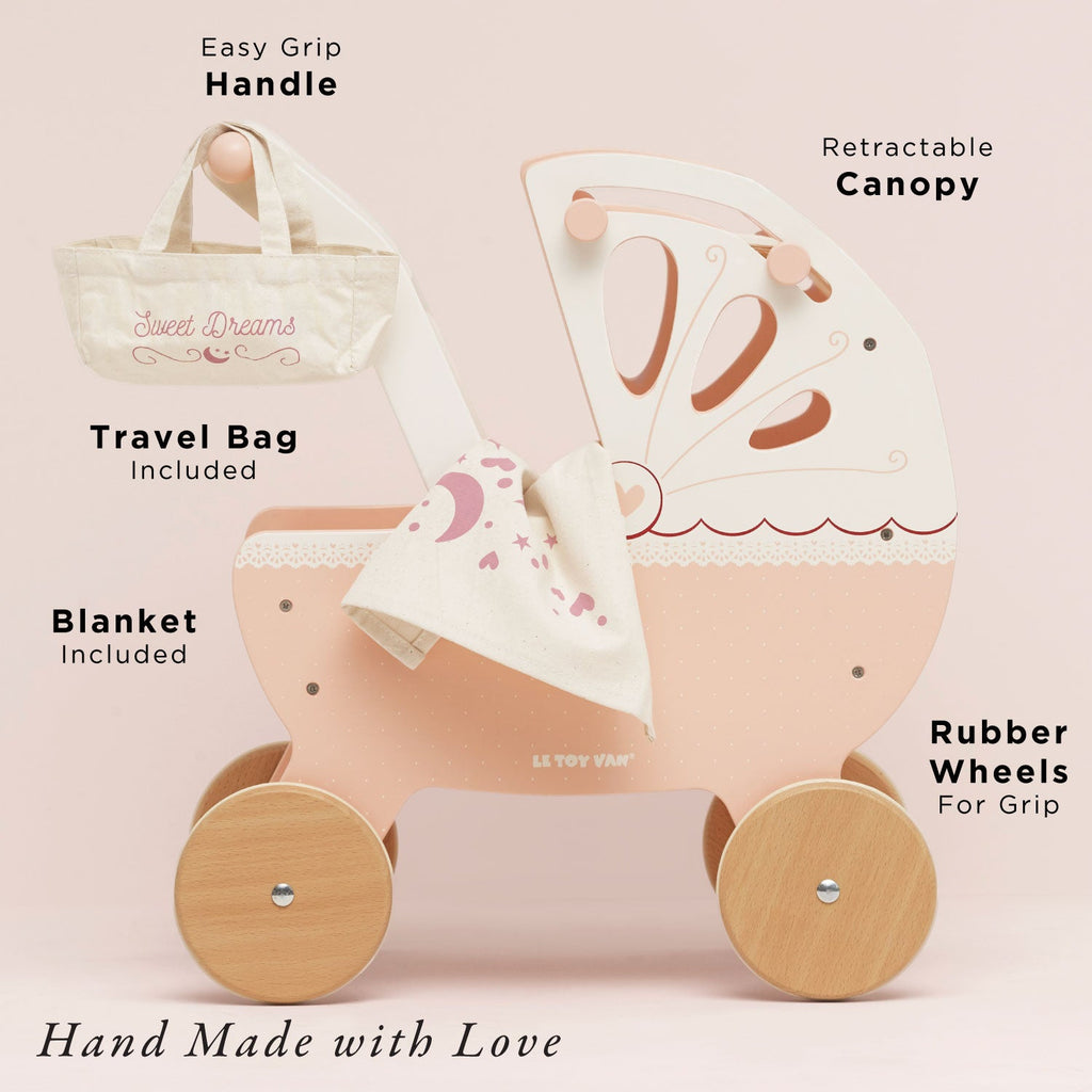 Retro Wooden Doll Pram with Hand-Sewn Canopy