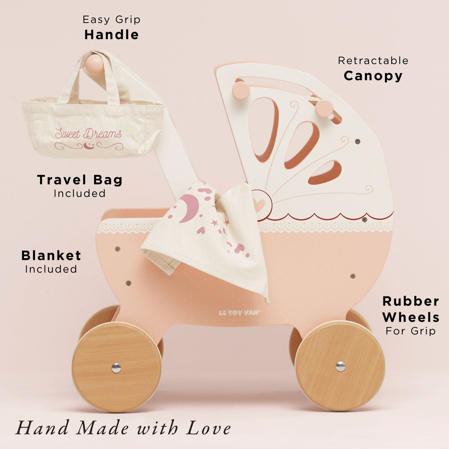 Retro Wooden Doll Pram with Hand-Sewn Canopy