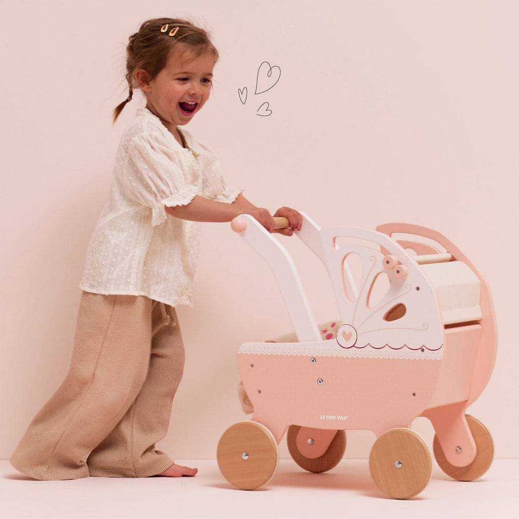 Retro Wooden Doll Pram with Hand-Sewn Canopy