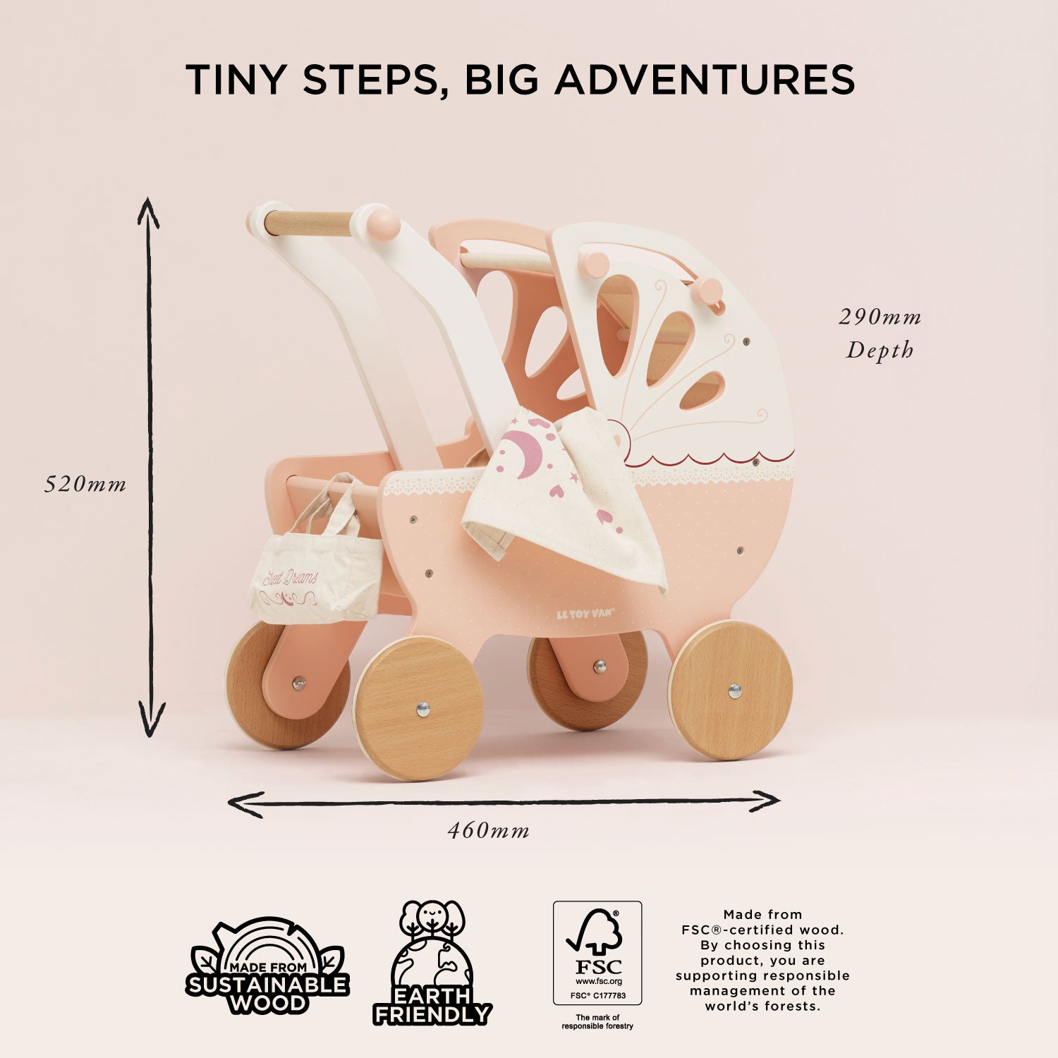 Retro Wooden Doll Pram with Hand-Sewn Canopy