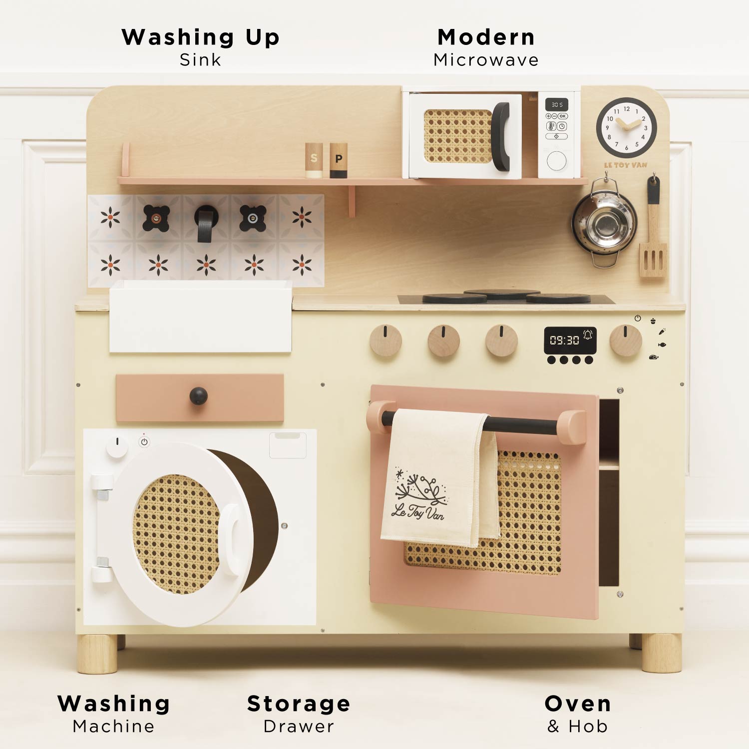 Rattan Wooden Play Kitchen with Accessories