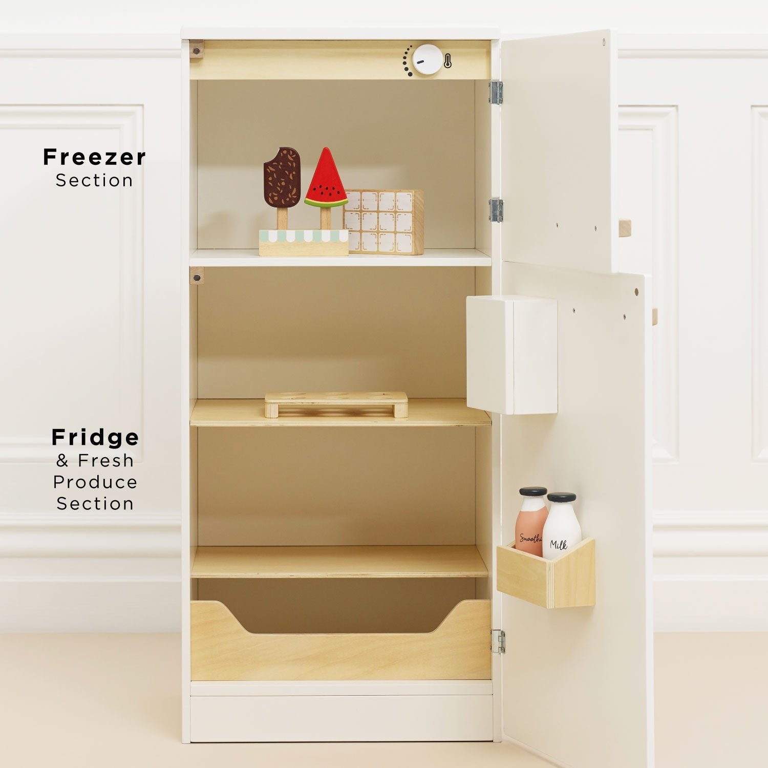 Wooden Fridge Freezer with Retro Style and Play Accessories