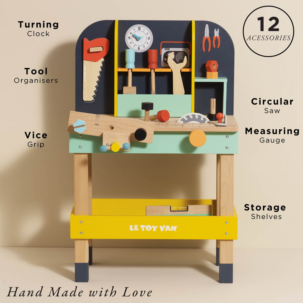 Toy Work Bench with 12 Wooden Accessories