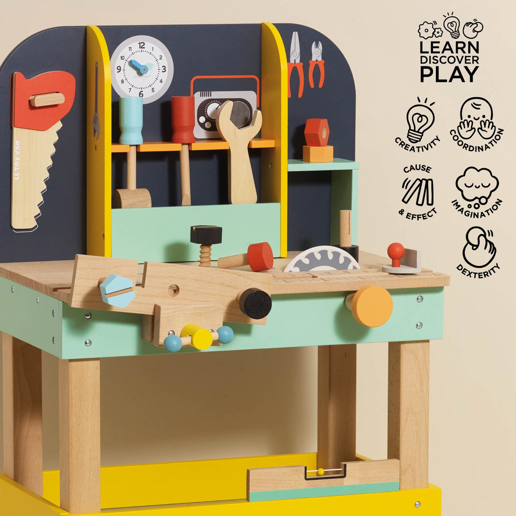 Toy Work Bench with 12 Wooden Accessories