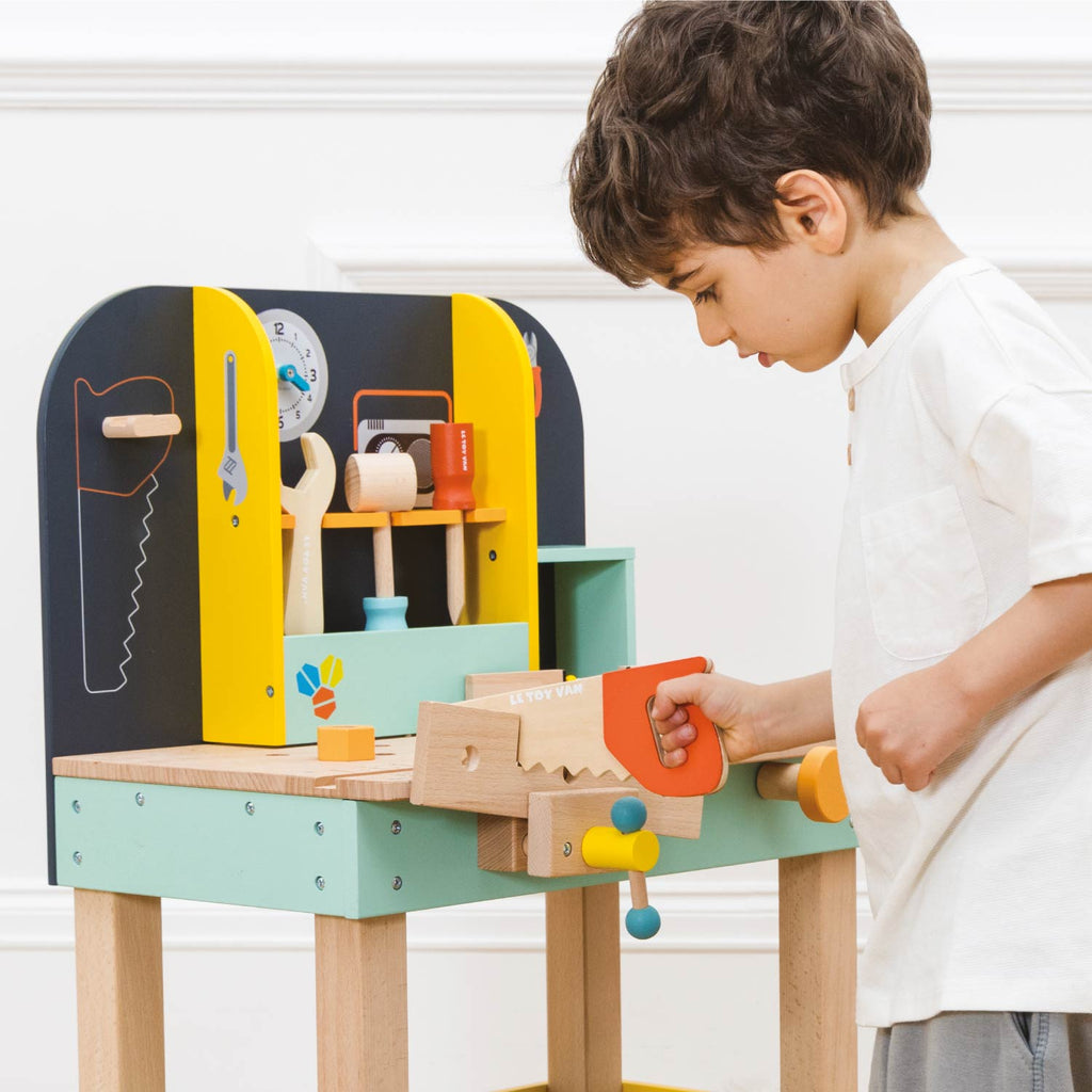 Toy Work Bench with 12 Wooden Accessories