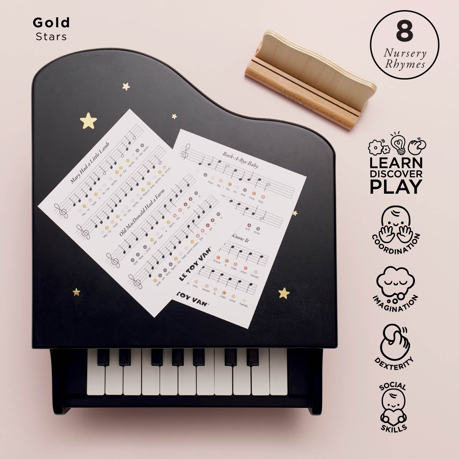 Wooden Grand Piano Toy with Music Stand and Nursery Rhyme Sheets