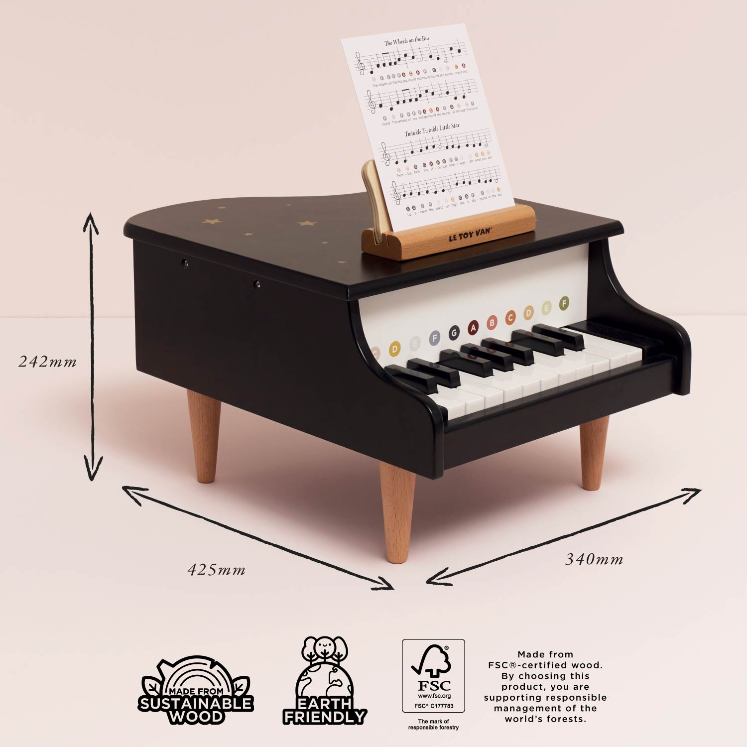 Wooden Grand Piano Toy with Music Stand and Nursery Rhyme Sheets