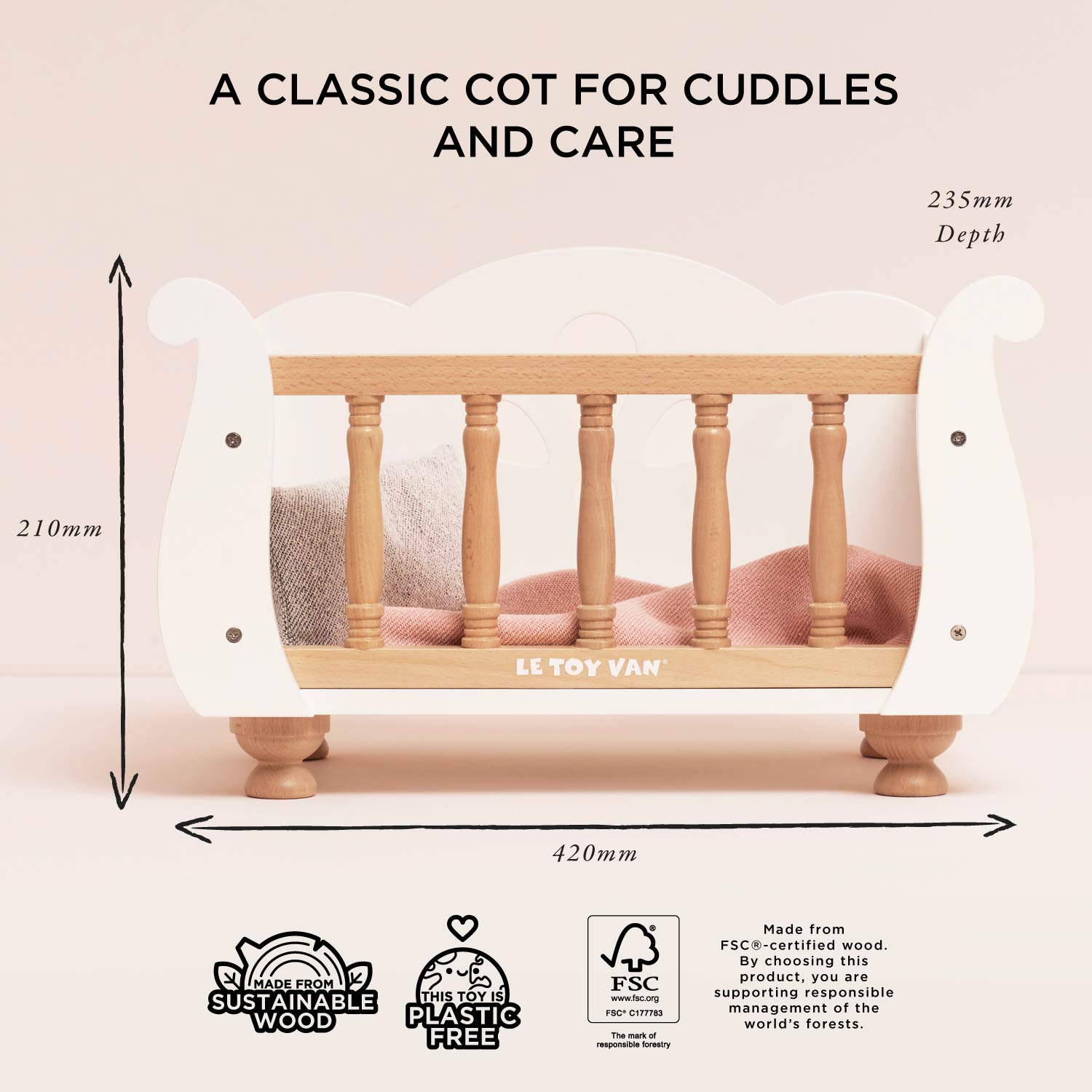Wooden Doll's Cot with Bedding Set