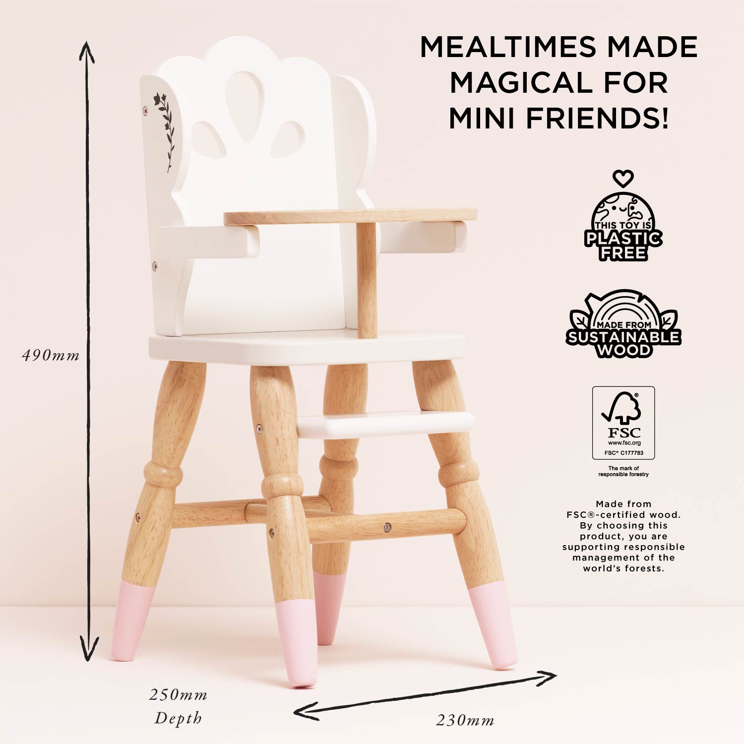 Wooden Doll High Chair for Pretend Play