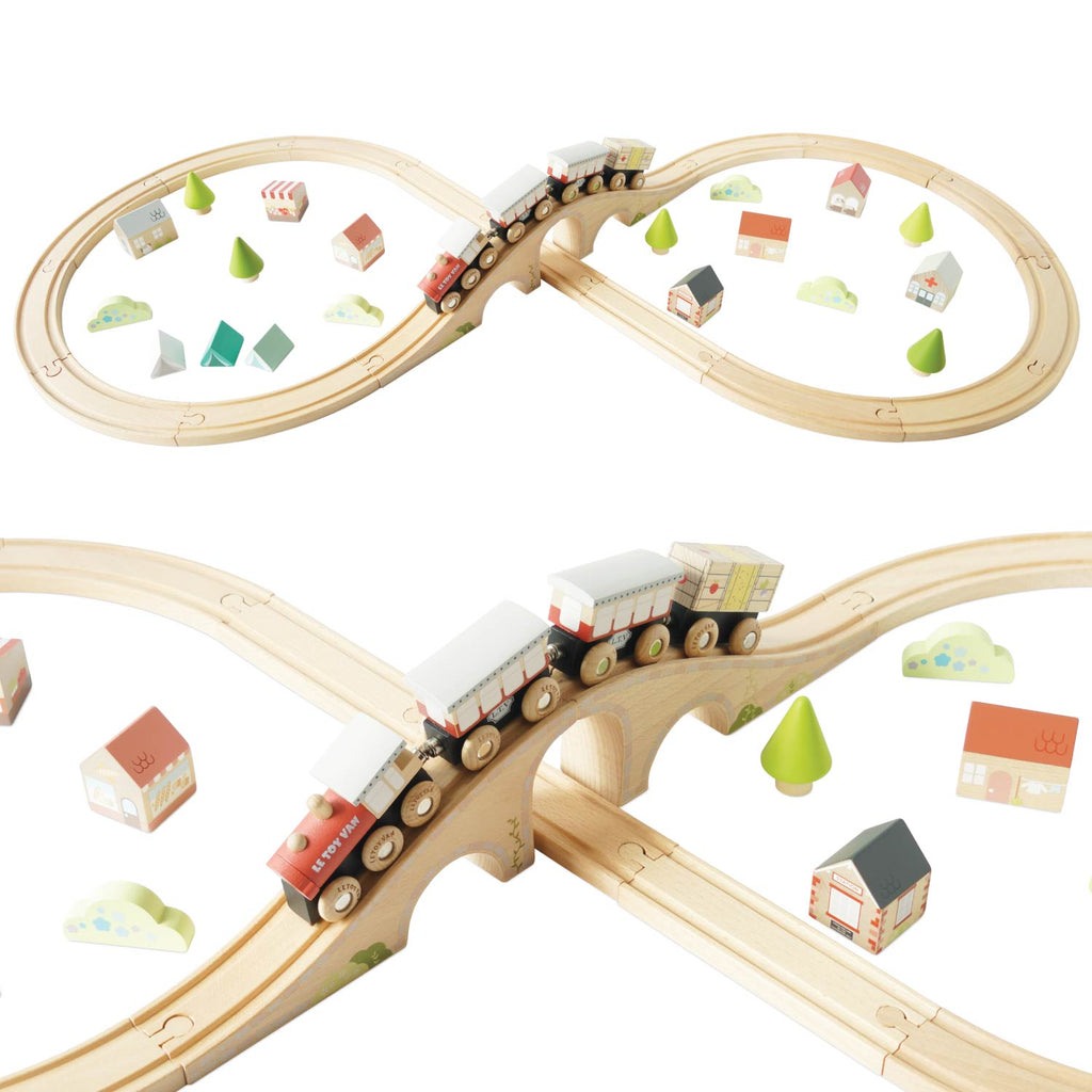 Wooden Figure of 8 Train Set with Bridges and Buildings