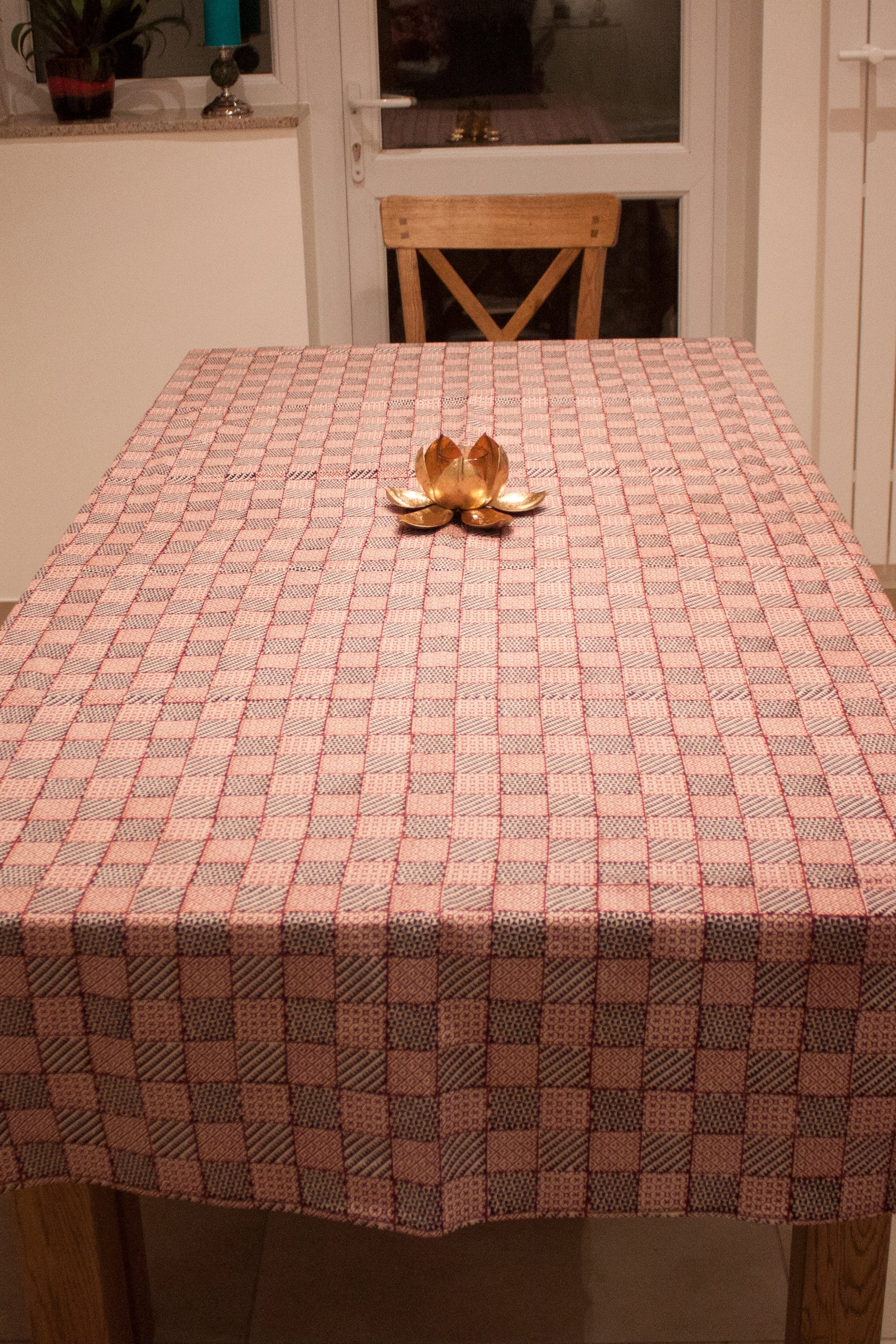 All Over Checks Mix Hand Block Print Table Cloth in White and Red