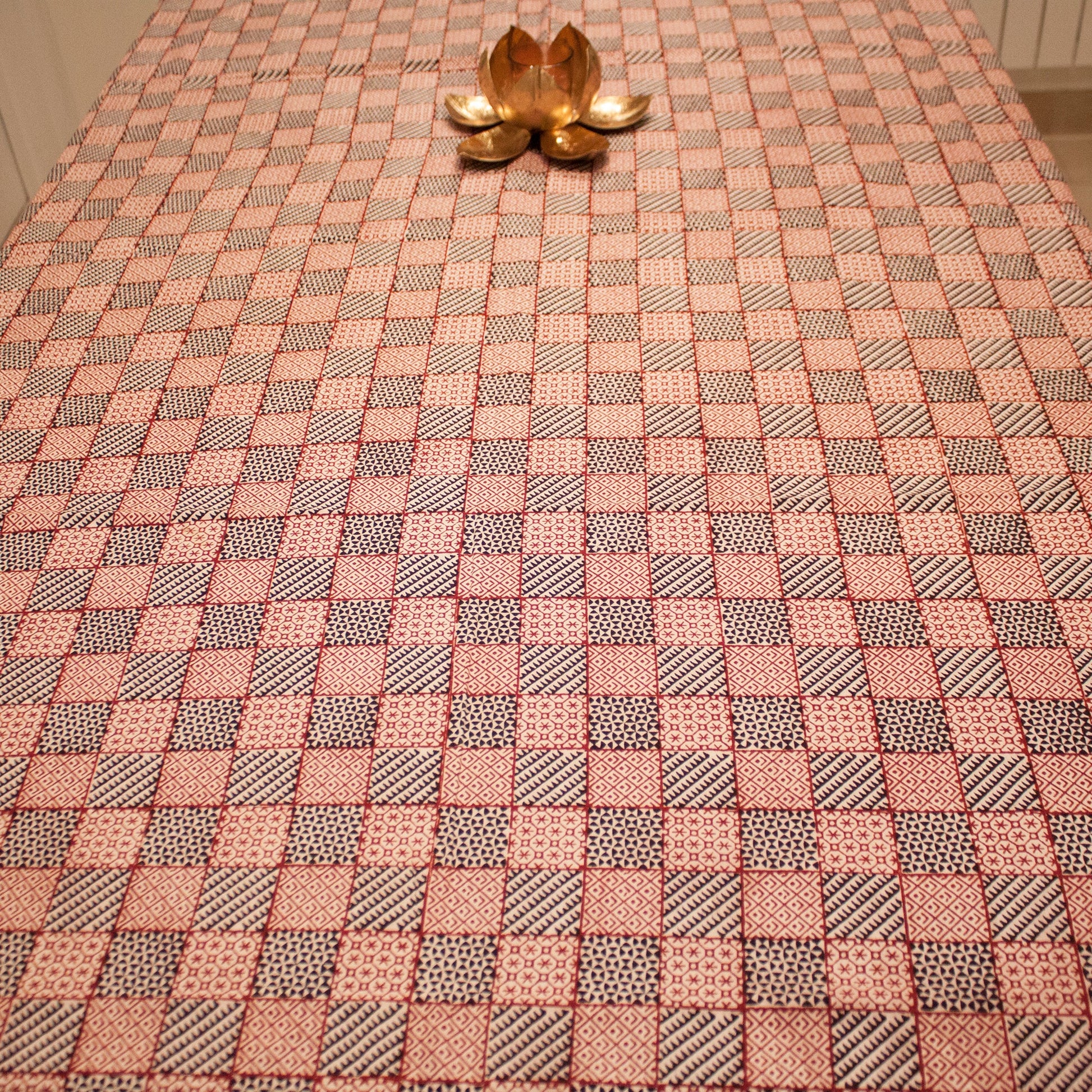All Over Checks Mix Hand Block Print Table Cloth in White and Red