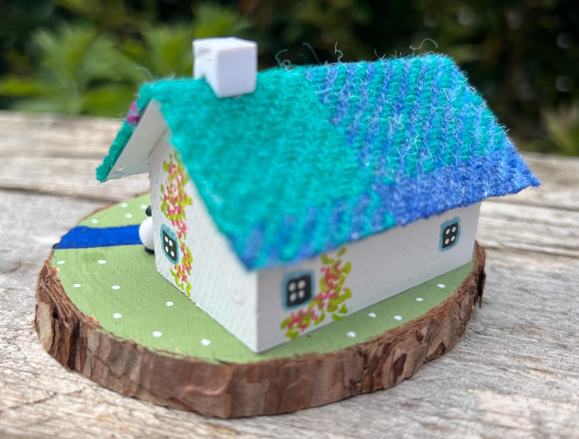 Teal and Pink Scottish Bothy with Sheep Miniature