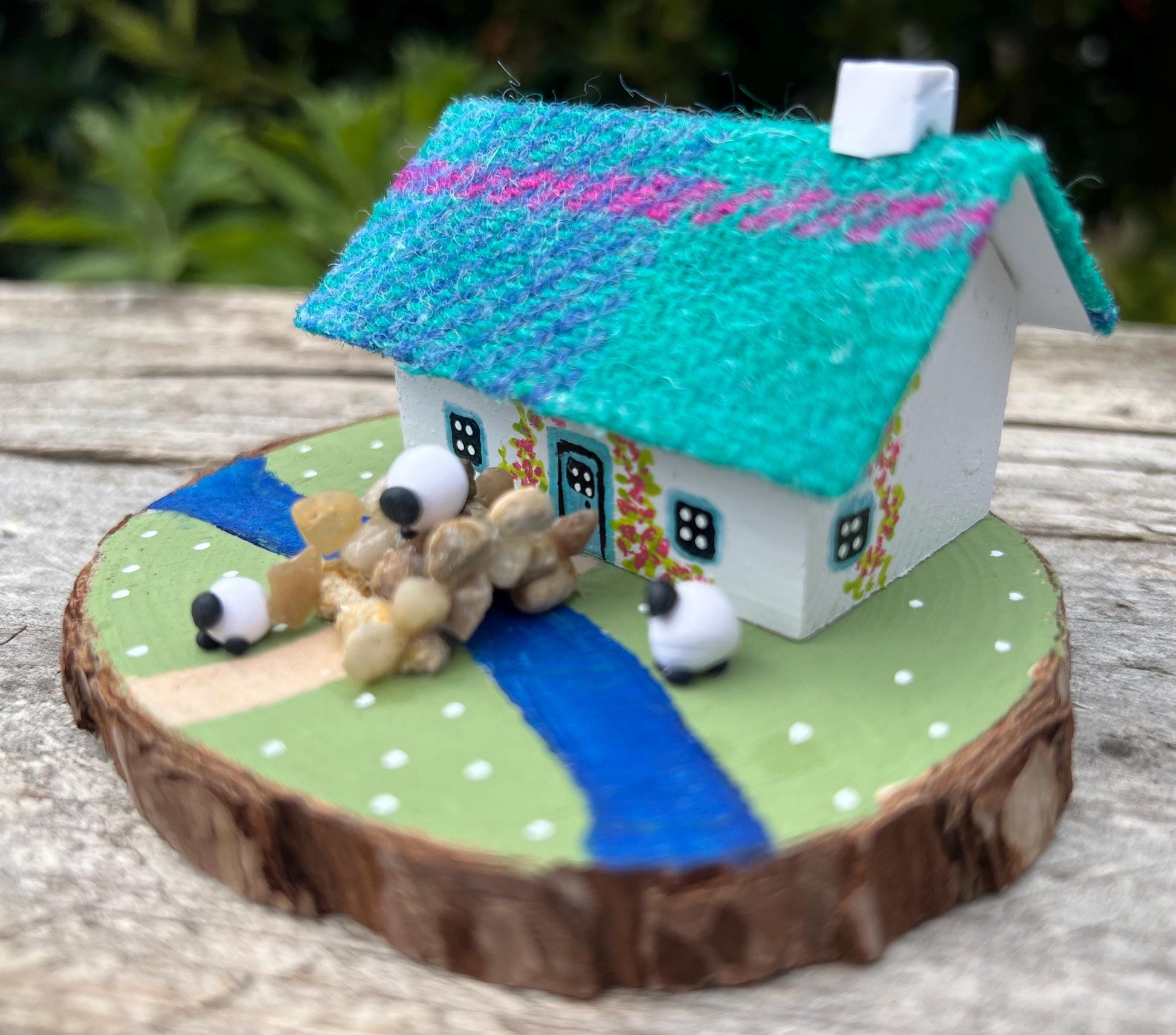 Teal and Pink Scottish Bothy with Sheep Miniature