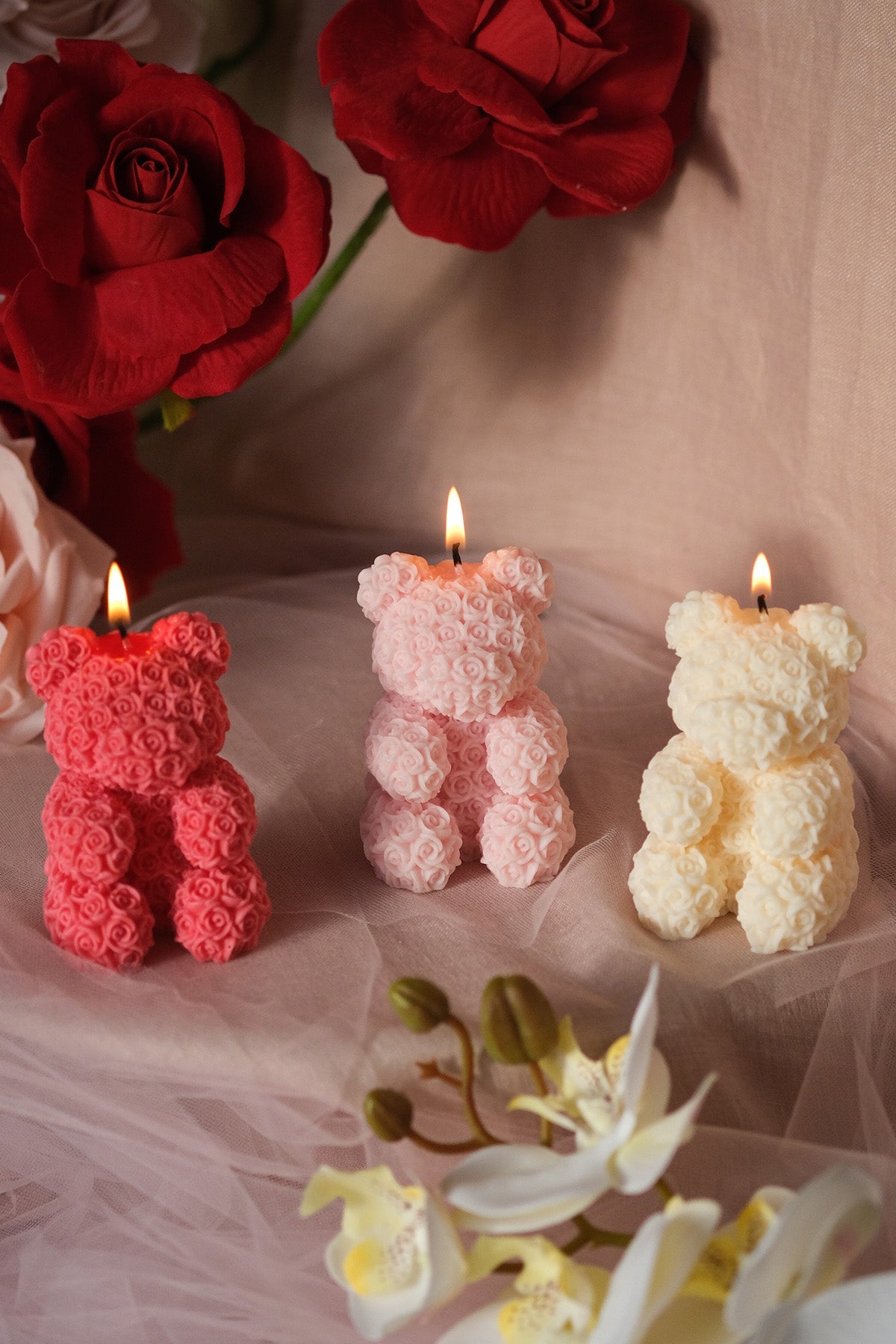 Teddy Bear Rose Shaped Candle Small