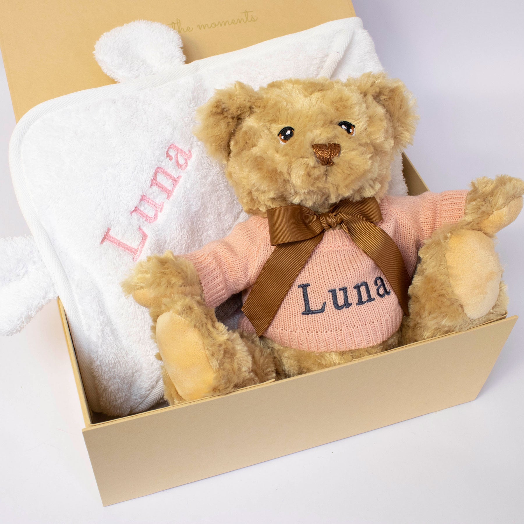 Personalised Teddy and Organic Cotton Hooded Towel Gift Set