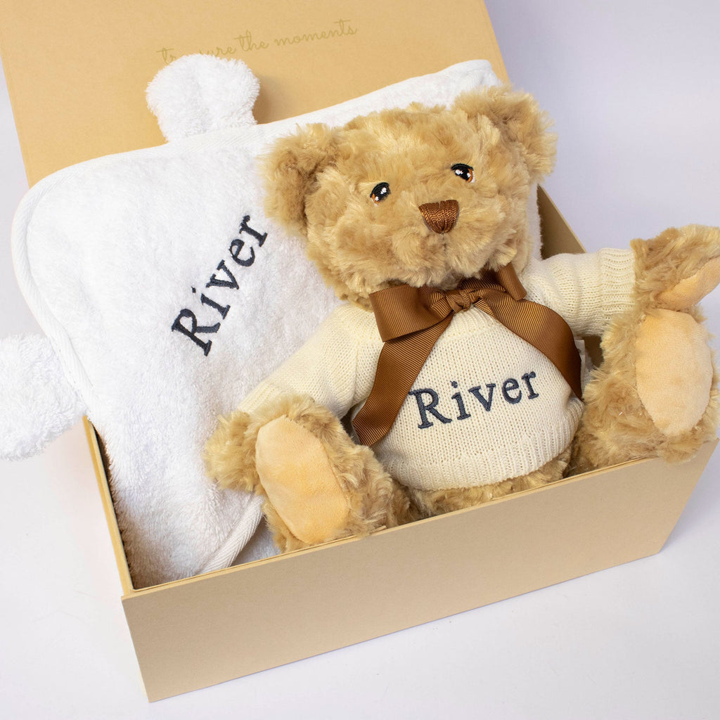 Personalised Teddy and Organic Cotton Hooded Towel Gift Set
