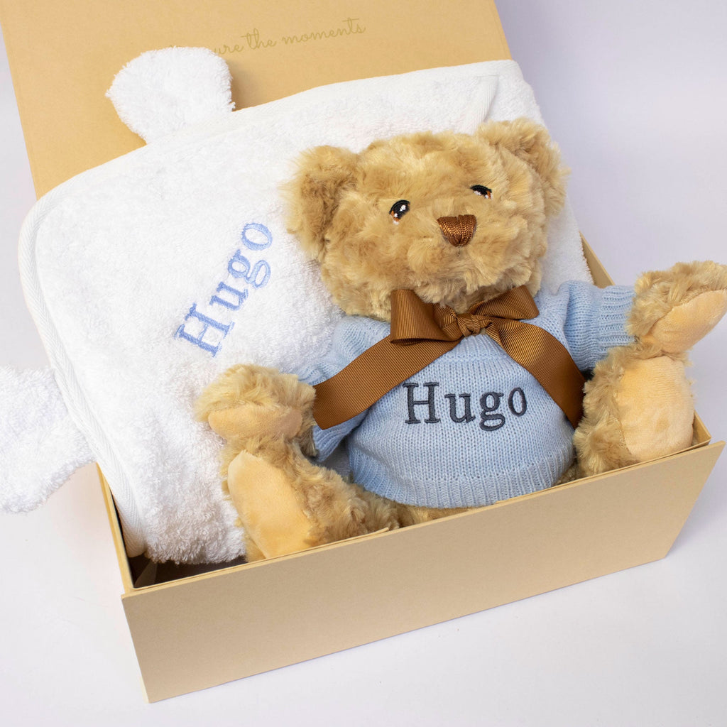 Personalised Teddy and Organic Cotton Hooded Towel Gift Set