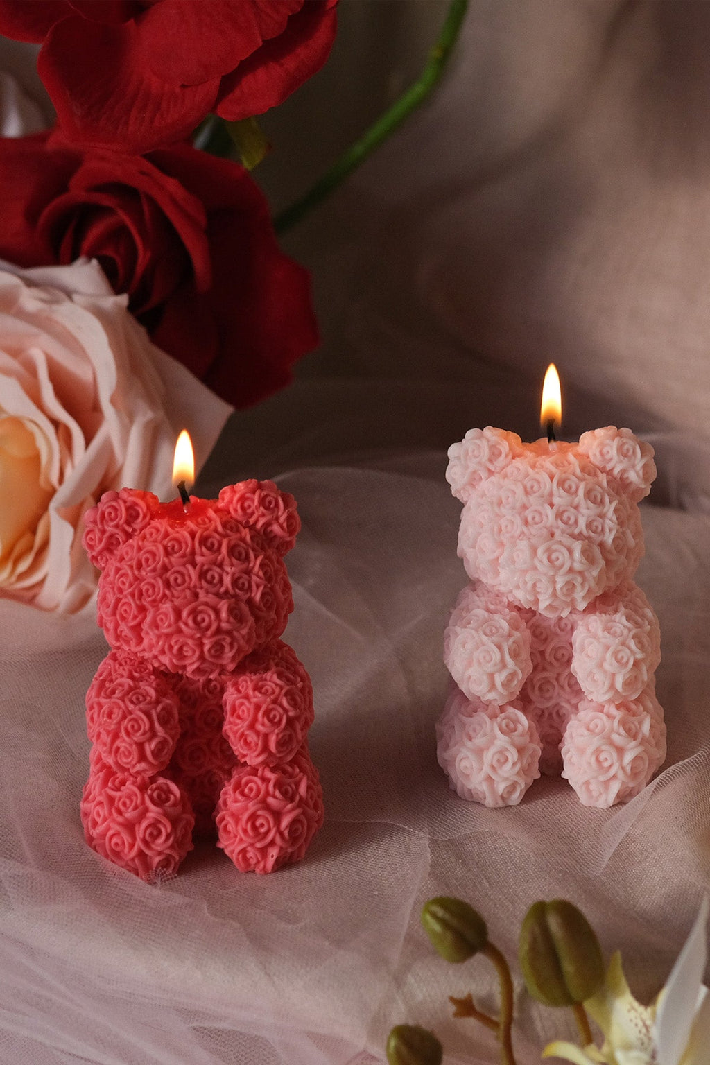 Teddy Bear Rose Shaped Candle Small