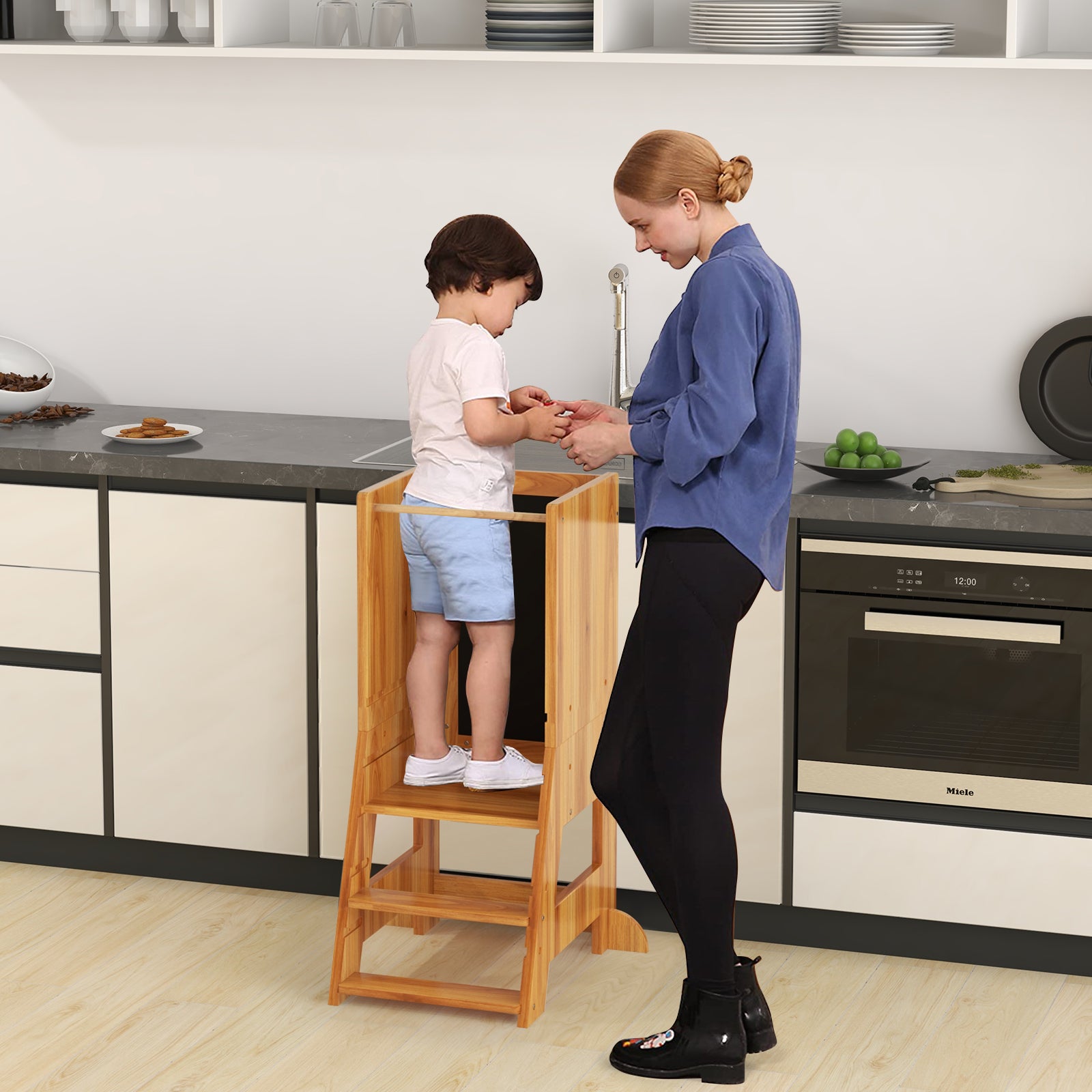 Kitchen Step Stool with Chalkboard and Whiteboard for Toddlers Grey