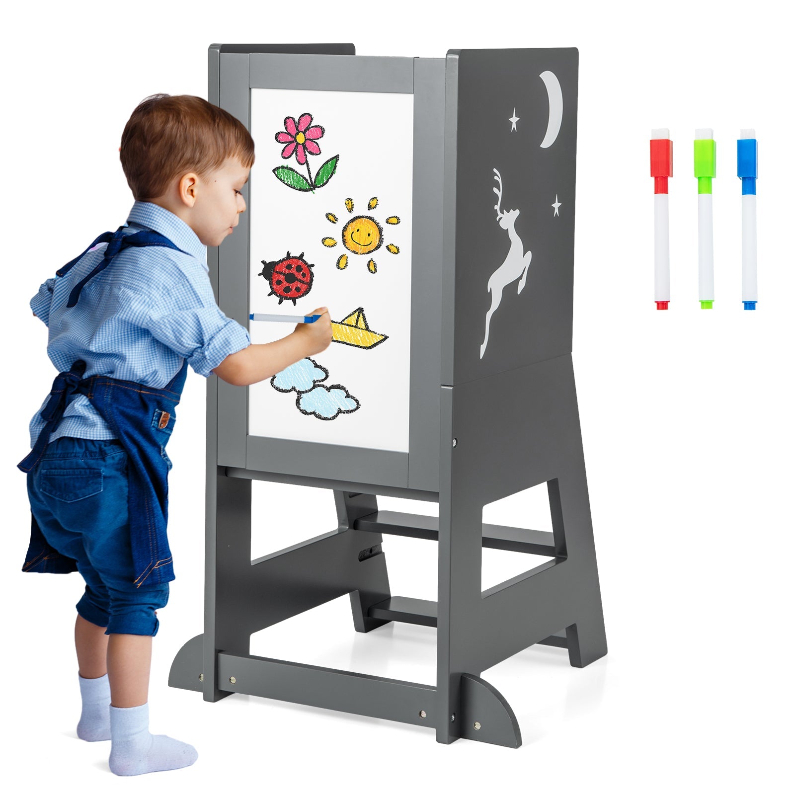 Kitchen Step Stool with Chalkboard and Whiteboard for Toddlers Grey