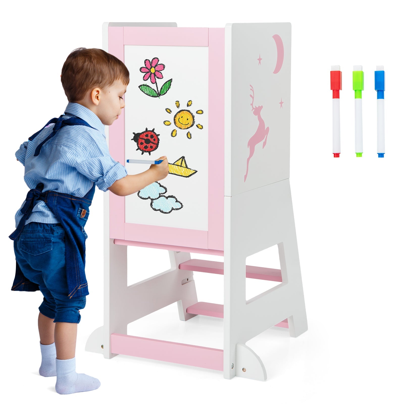 Kitchen Step Stool with Chalkboard and Whiteboard for Toddlers Grey