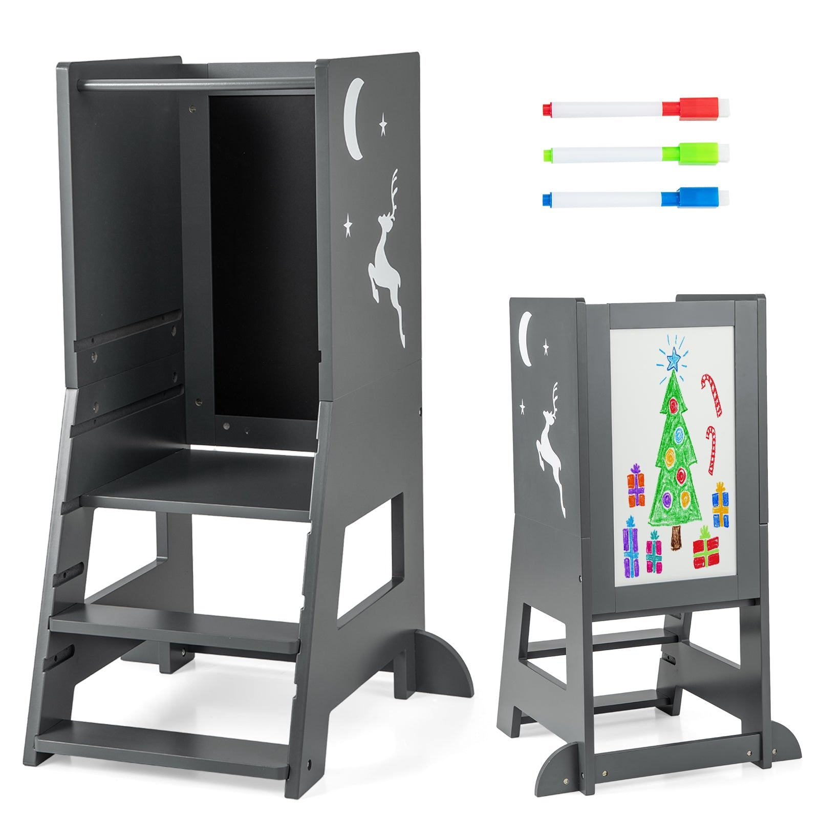 Kitchen Step Stool with Chalkboard and Whiteboard for Toddlers Grey
