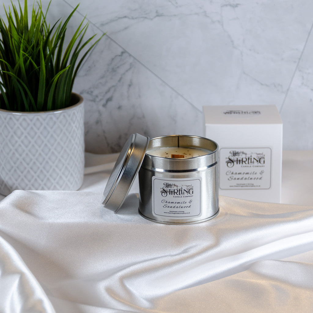 Chamomile and Sandalwood Travel Tin Candle with Wooden Wick