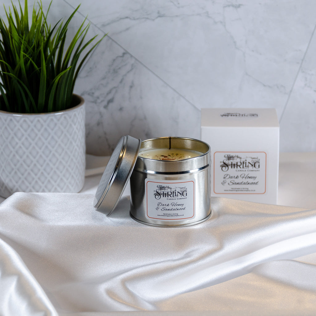 Dark Honey and Sandalwood Travel Tin Candle with Wooden Wick