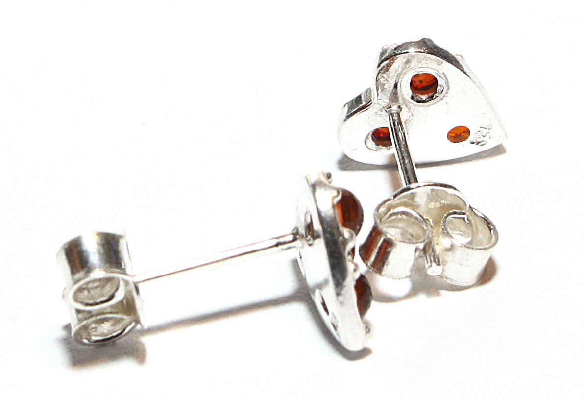 Cognac Baltic Amber Heart Stud Earrings in Silver
