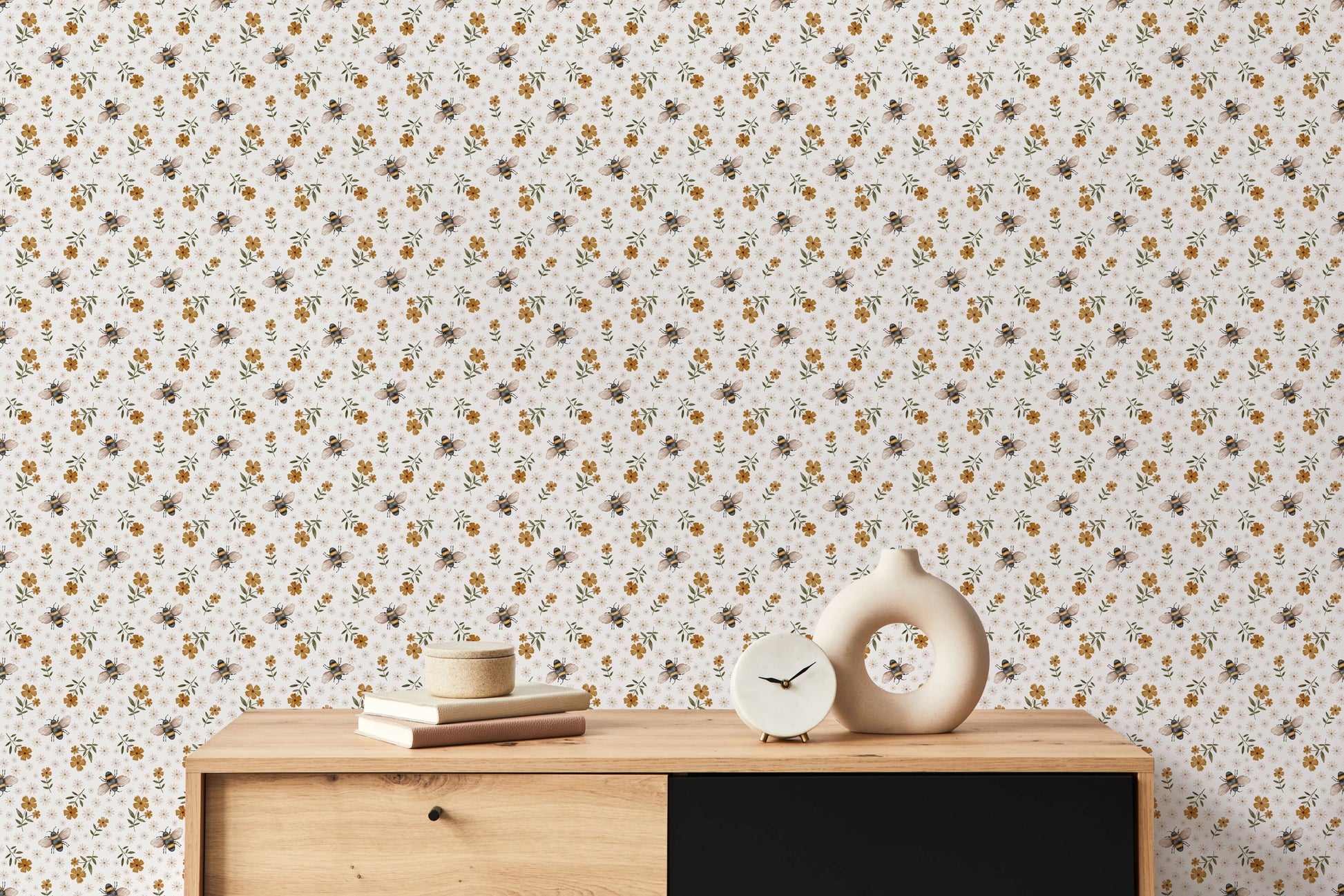 Bee Wallpaper with Floral Design