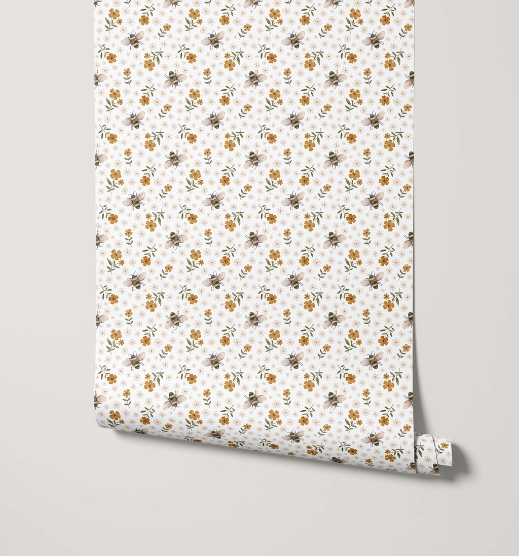 Bee Wallpaper with Floral Design