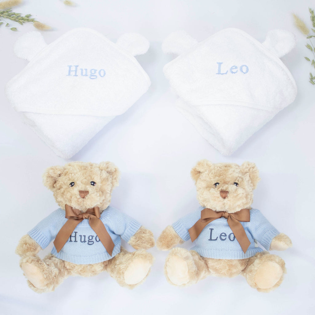 Twin Boys Teddy Bear and Hooded Towel Gift Set