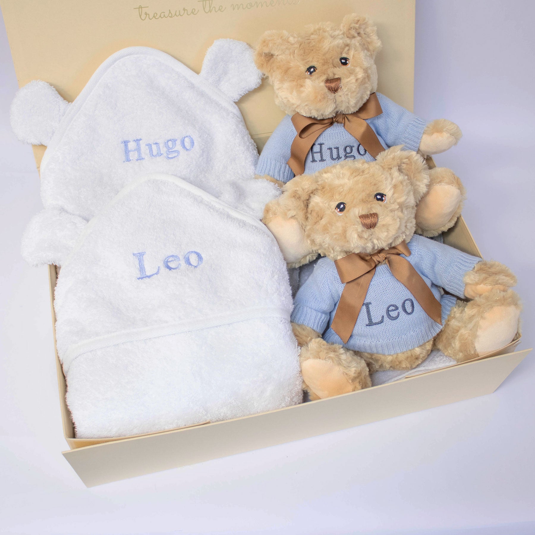 Twin Boys Teddy Bear and Hooded Towel Gift Set
