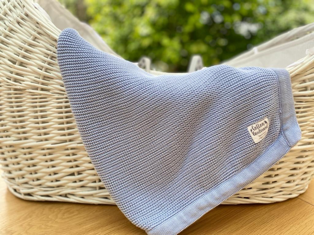 Misty Blue Organic Cotton Knitted Baby Blanket 100 x 80cm