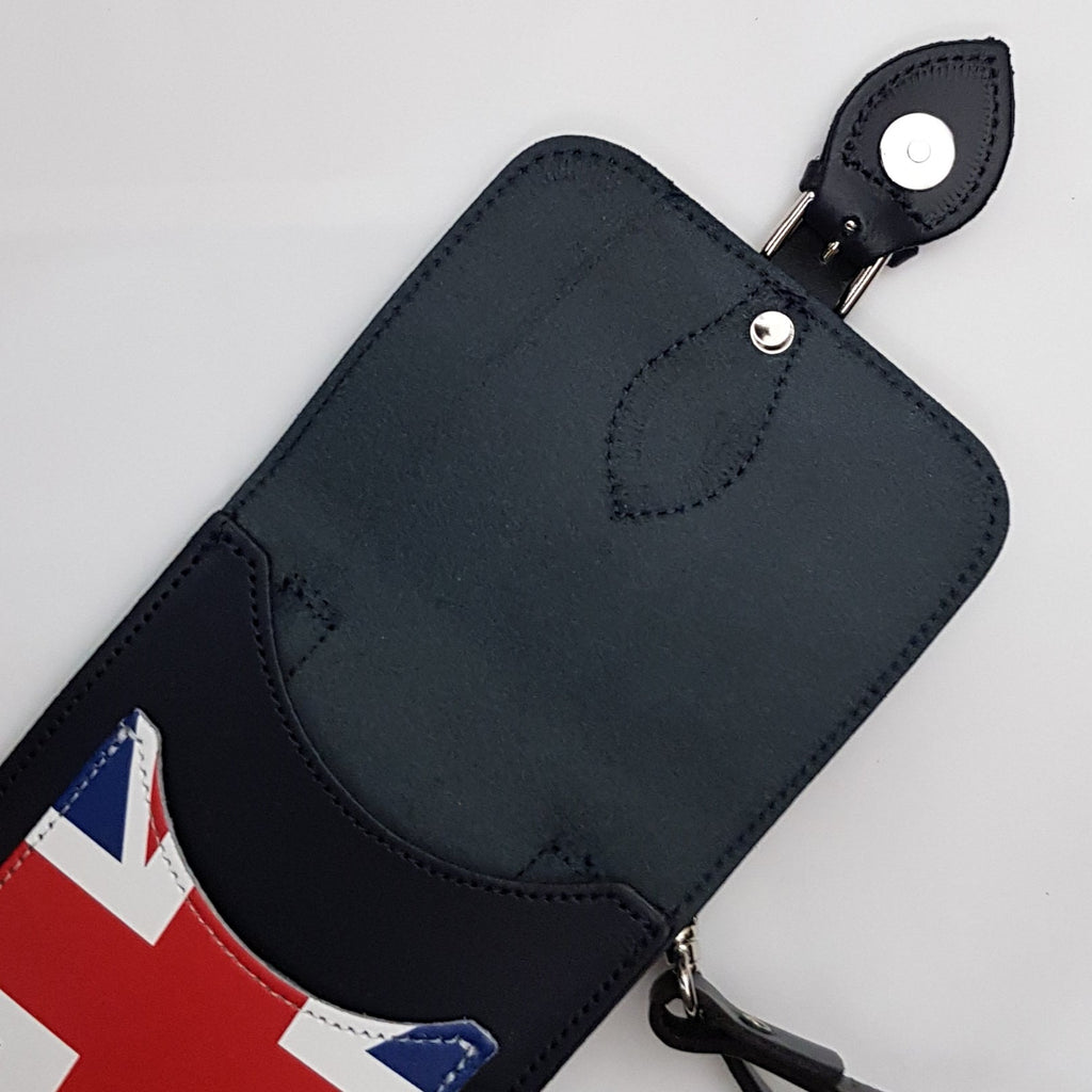 Handmade Leather Mobile Phone Pouch Union Jack Navy Blue