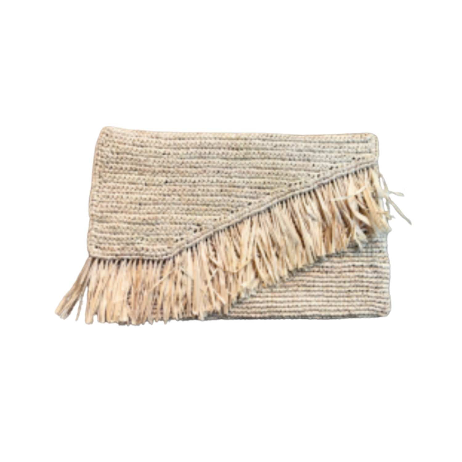 Beige Raffia Pouch with Fringe