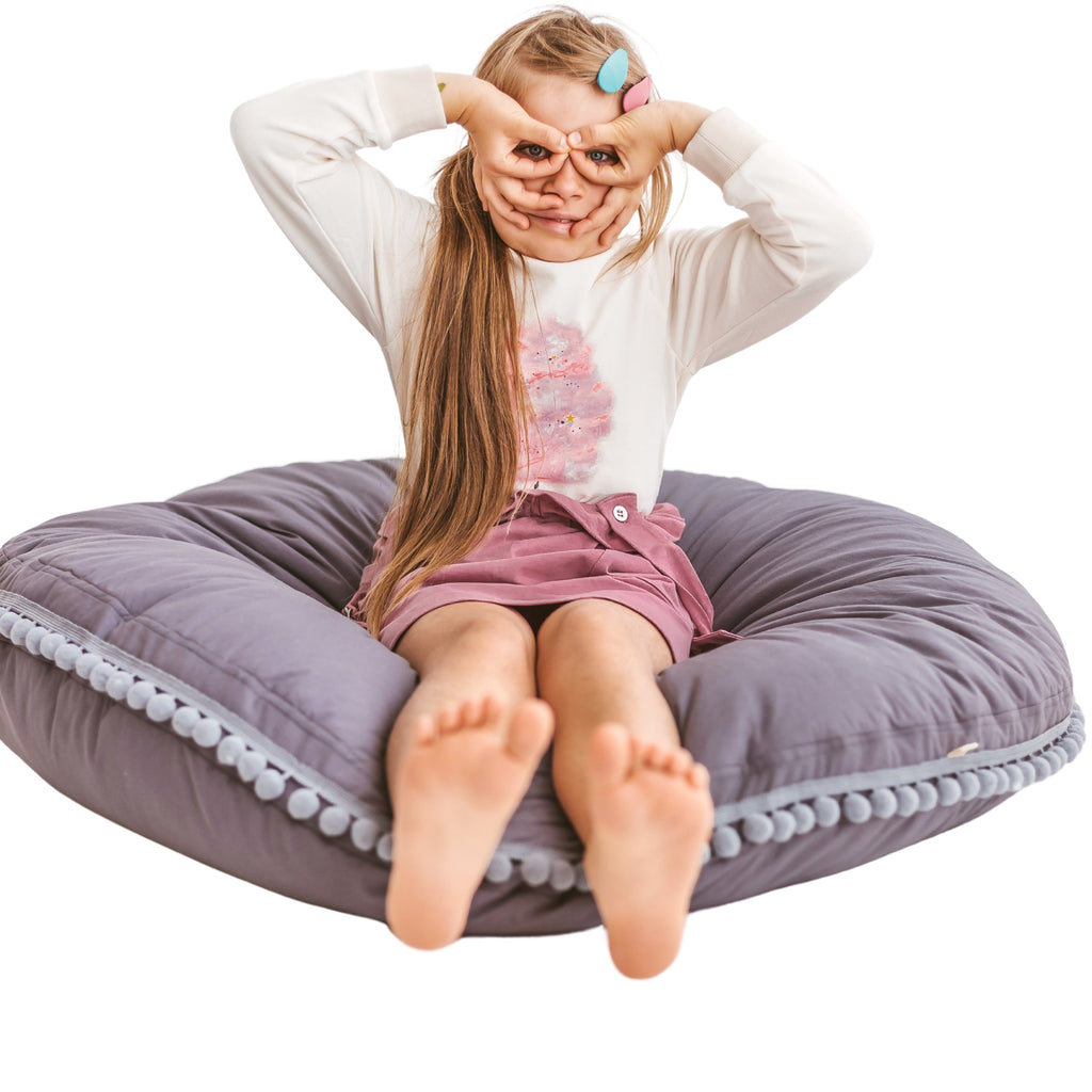 Large Floor Cushion with Pom Poms in Grey