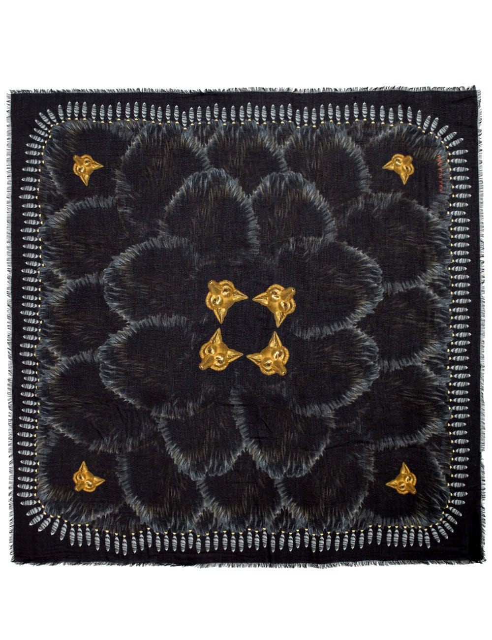 Black Scarf with Fur and Wolves Masks Print