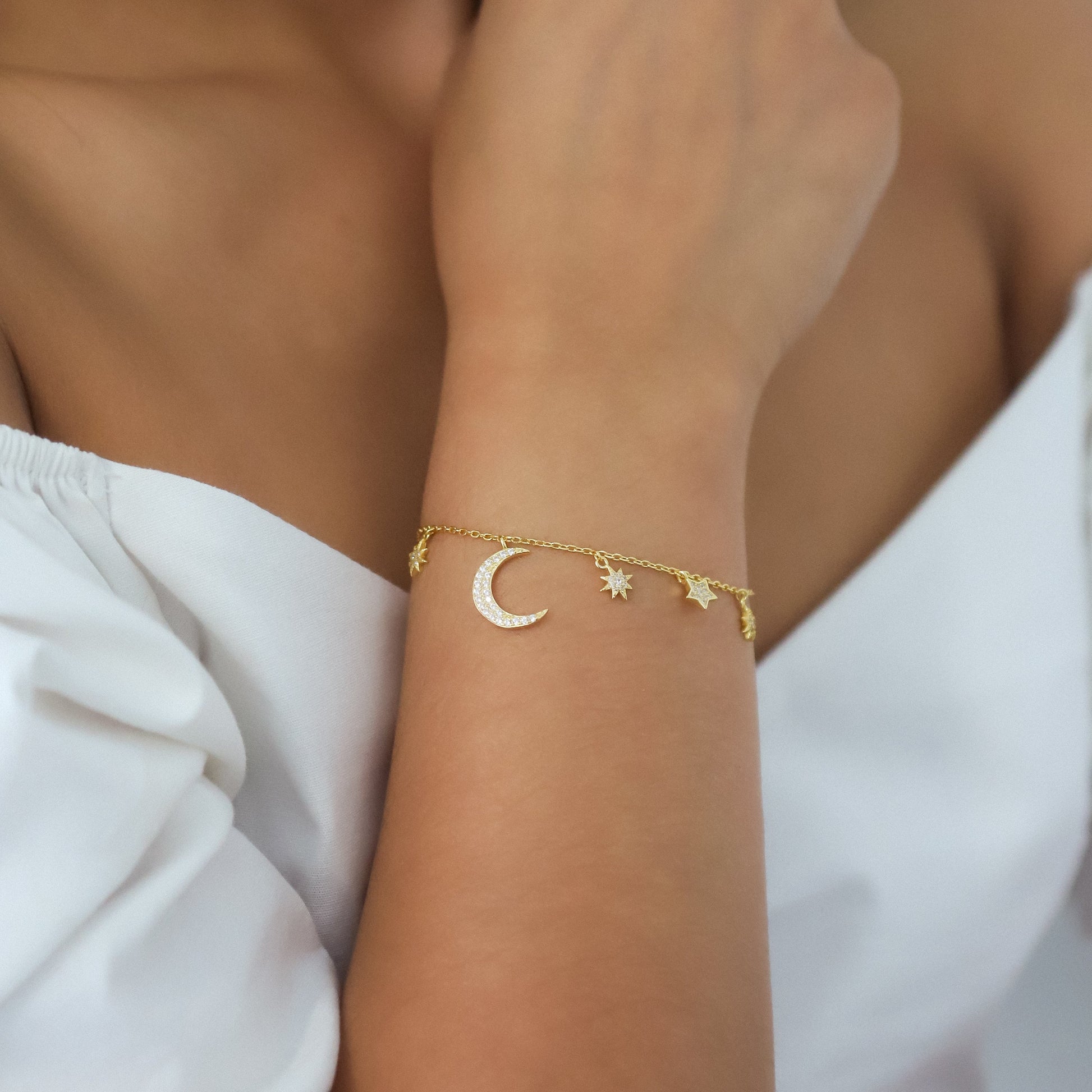 Moon and Star Charm Bracelet in 18k Gold Plated