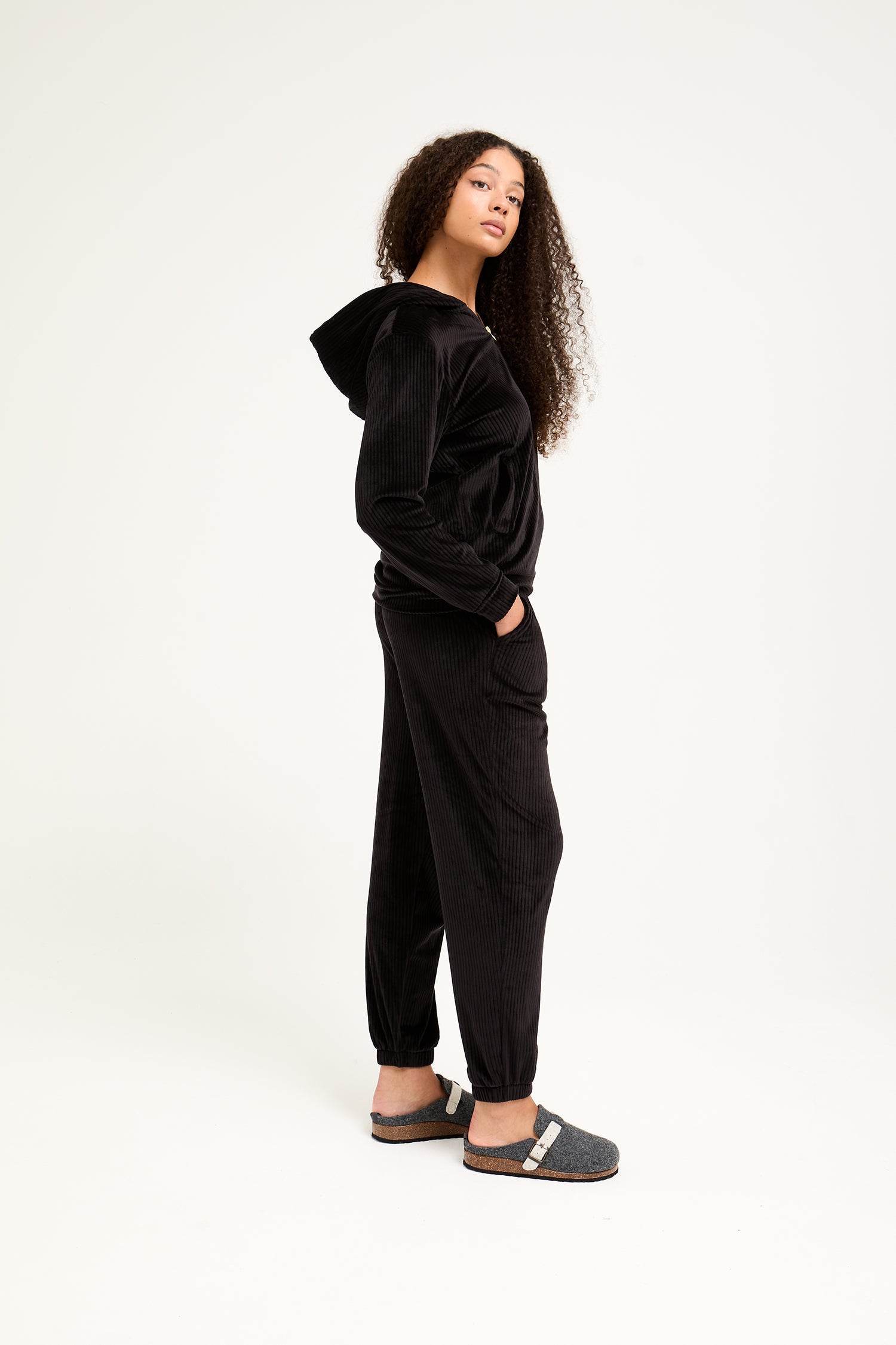 Velour Hoody Jogger Set in Black