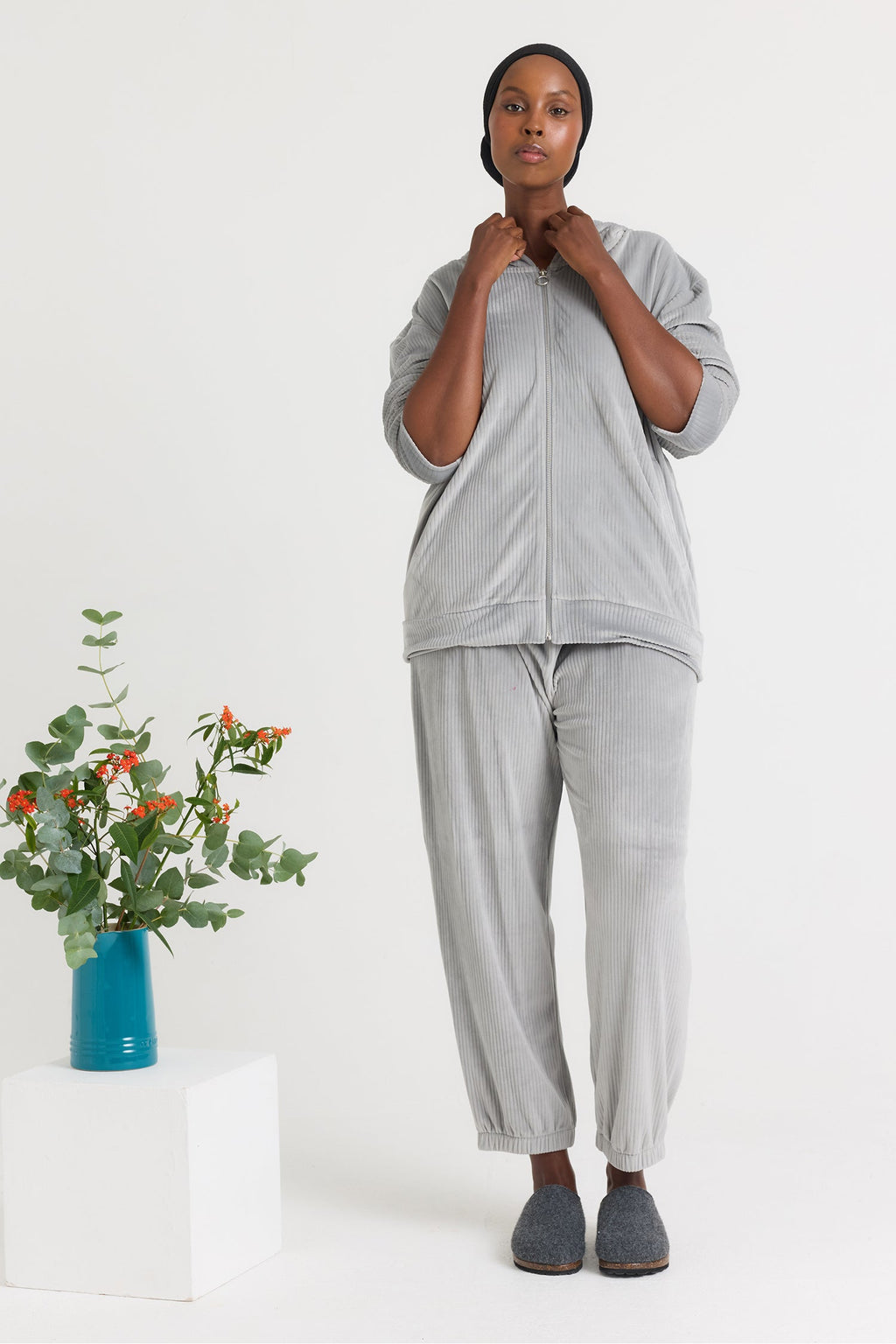 Velour Hoody Jogger Set in Grey