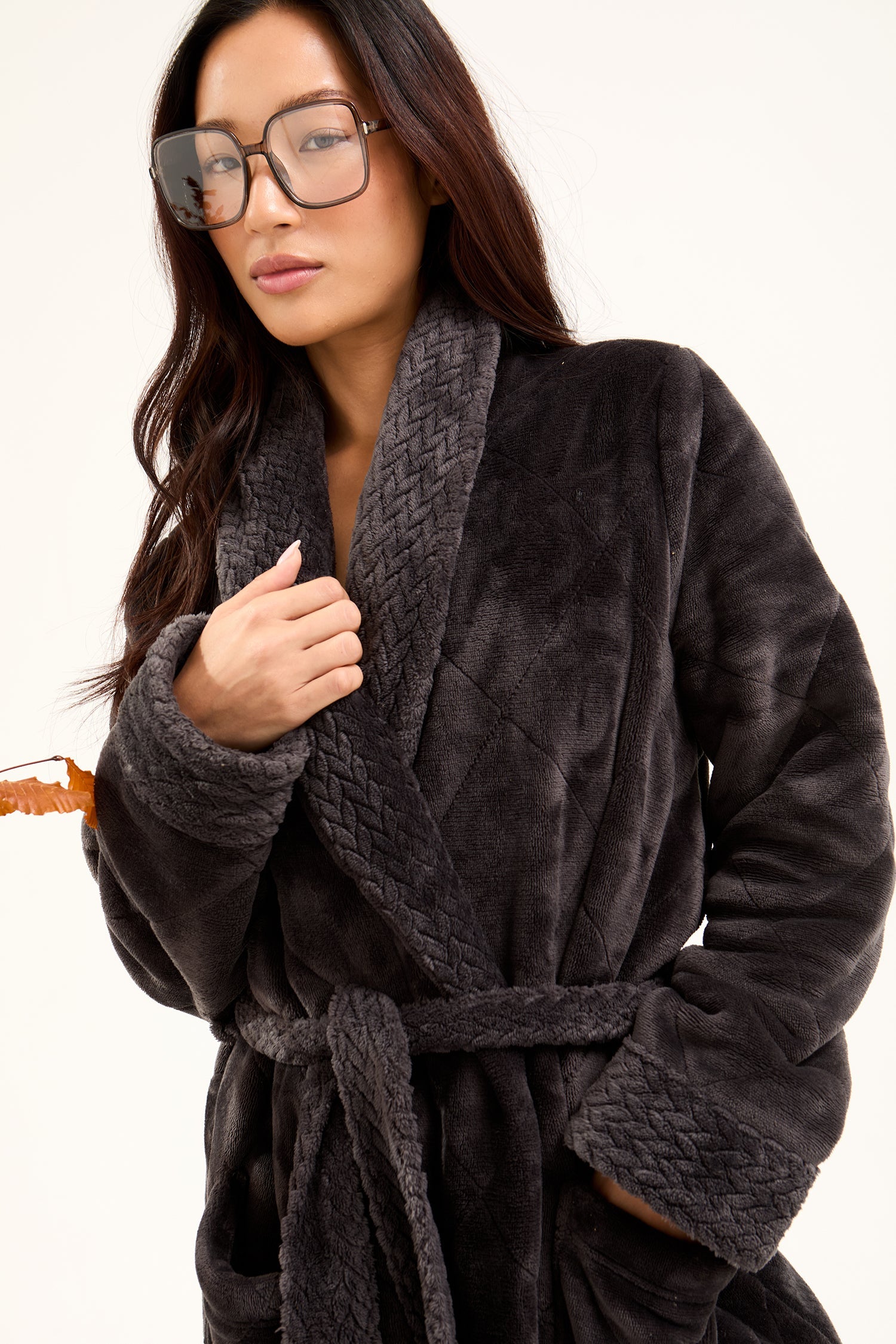Quilted Velour Dressing Gown in Raven