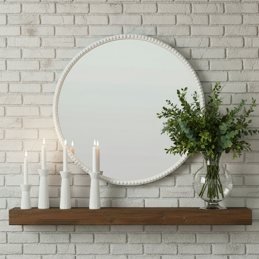 Round mirror with a white frame on a white background brixbailey.com