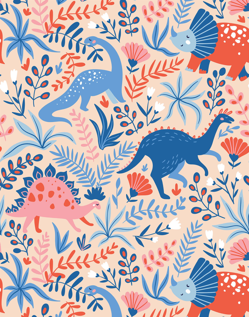 Roar Dinosaur Wallpaper with Botanicals