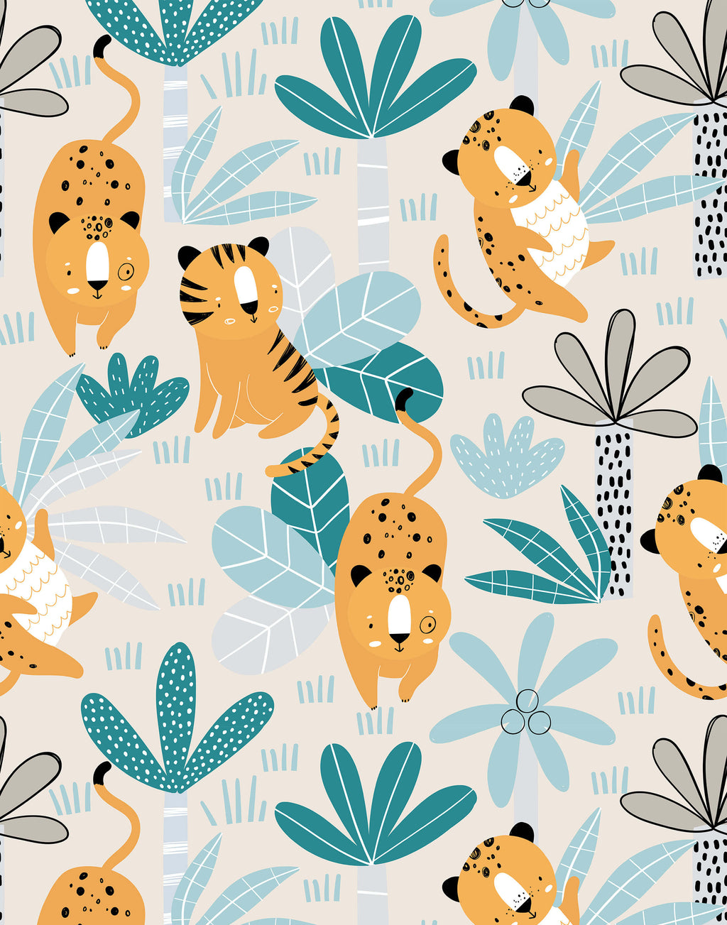 Jungle Wildlife Kids Wallpaper with Tigers and Leopards