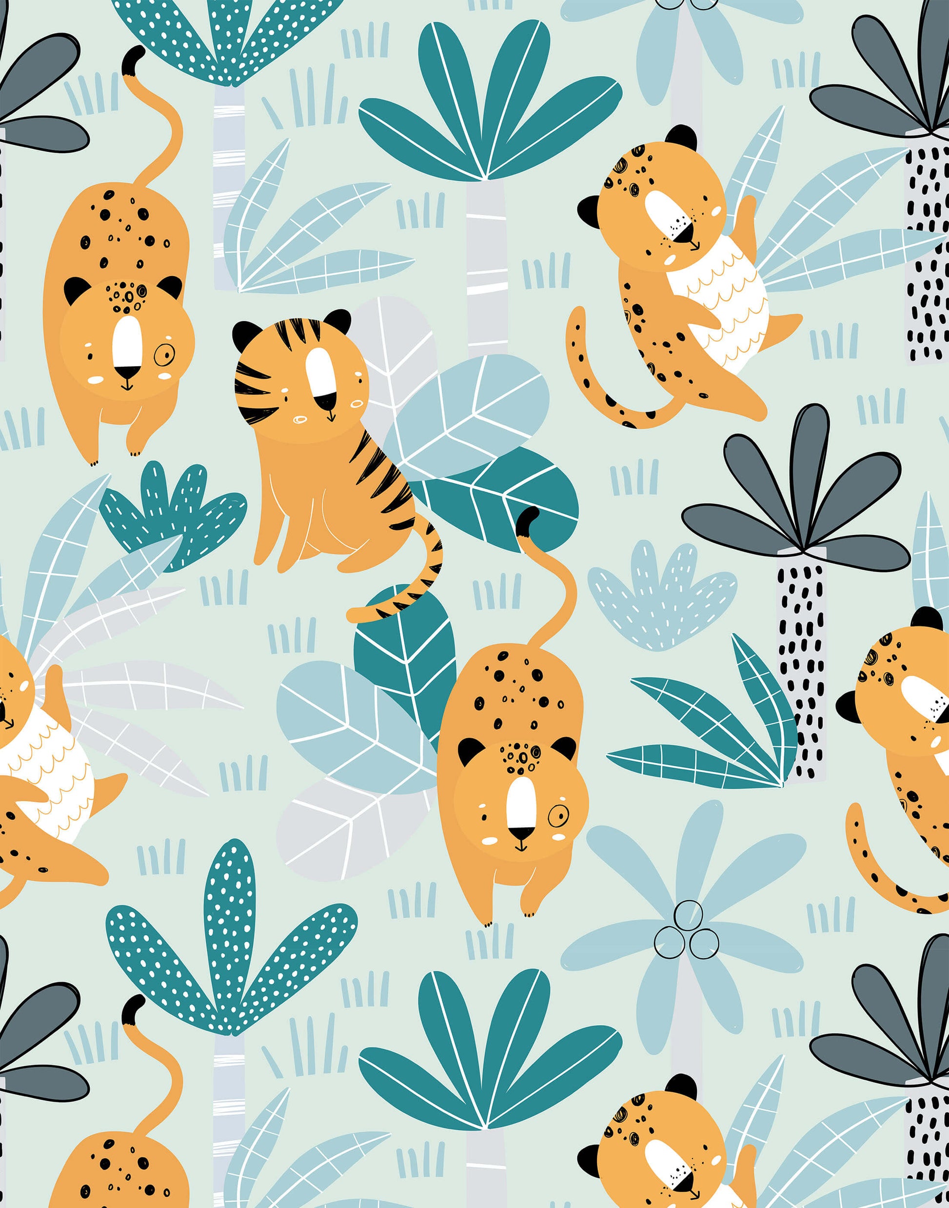 Jungle Wildlife Kids Wallpaper with Tigers and Leopards
