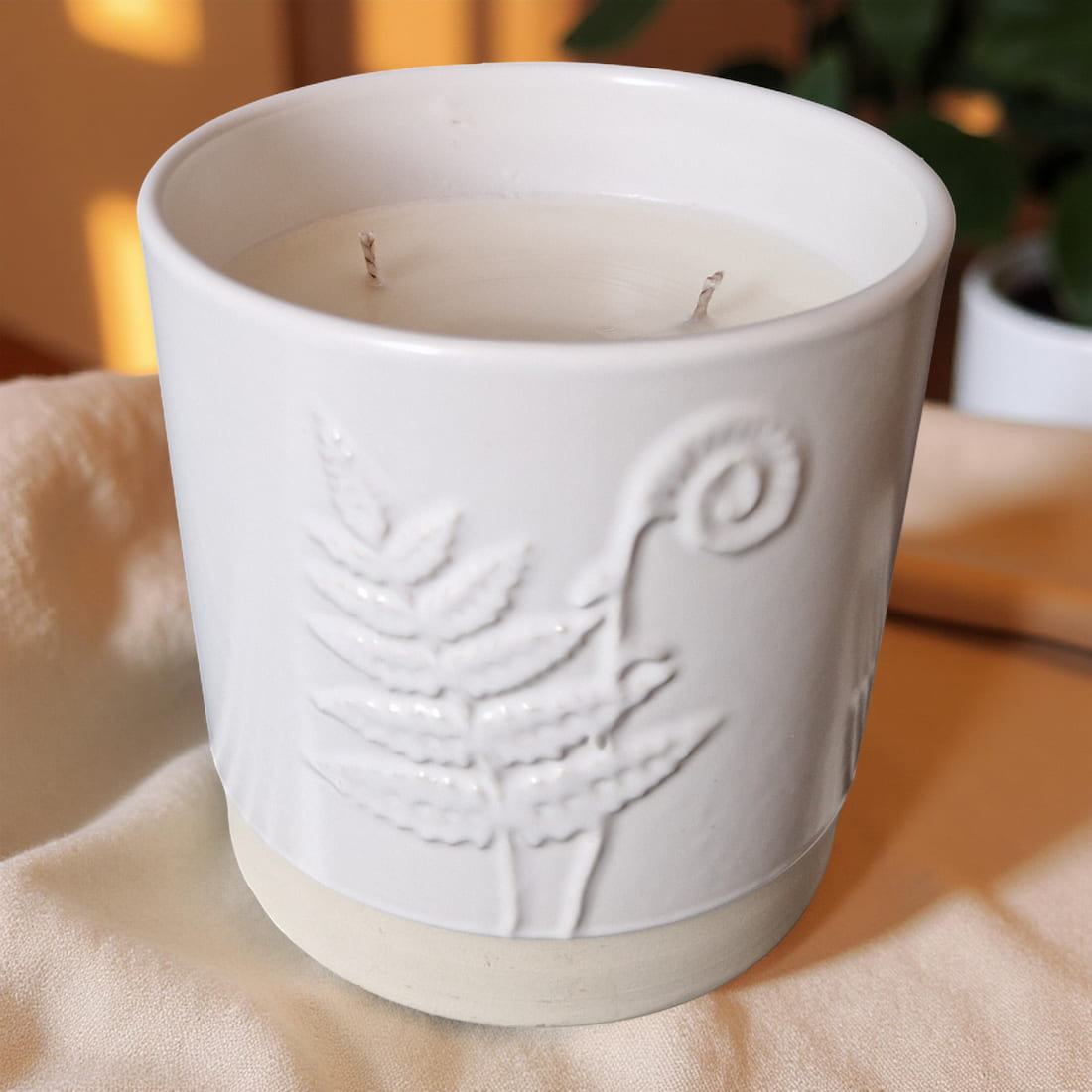 Three Wick Candle in White Ceramic Fern Pot